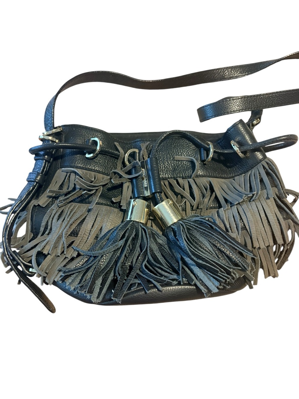 See by Chloé Black Leather Suede Fringe Tassel Bucket Bag